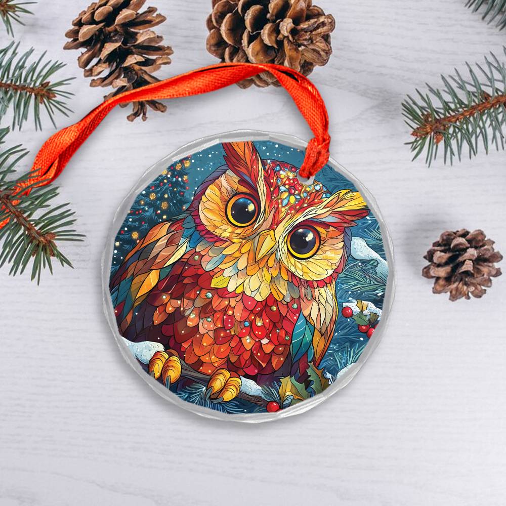Beautiful Owl Christmas Night Design 2 Glass Ornament