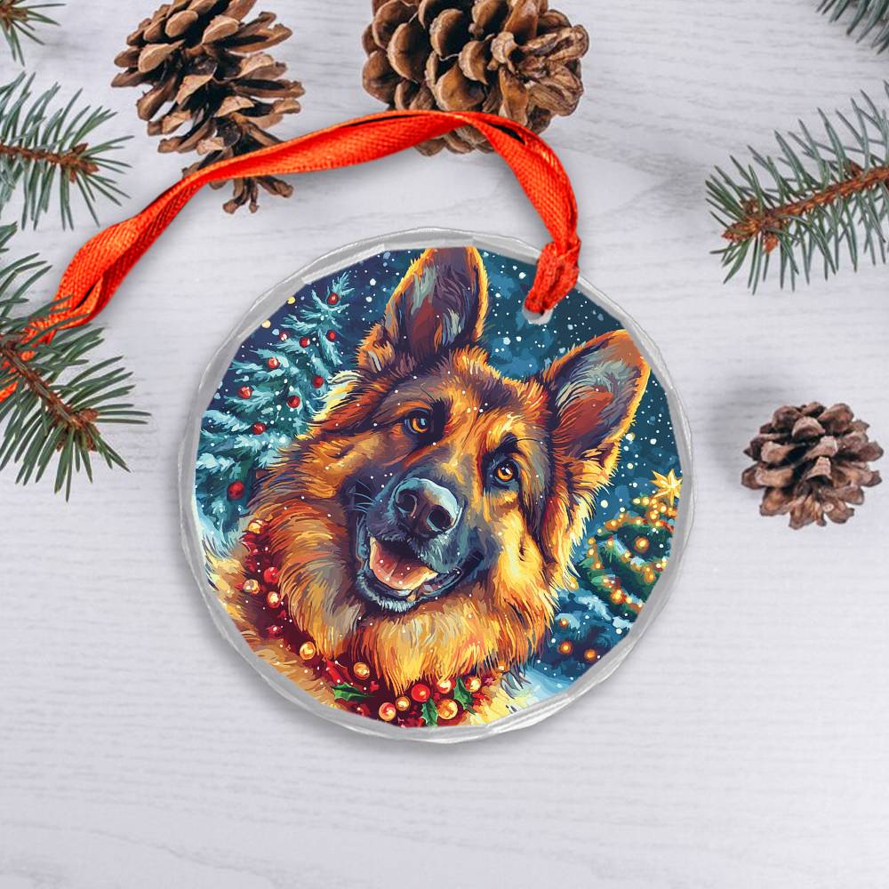 Beautiful German Shepherd Dog Christmas Night Design 3 Glass Ornament