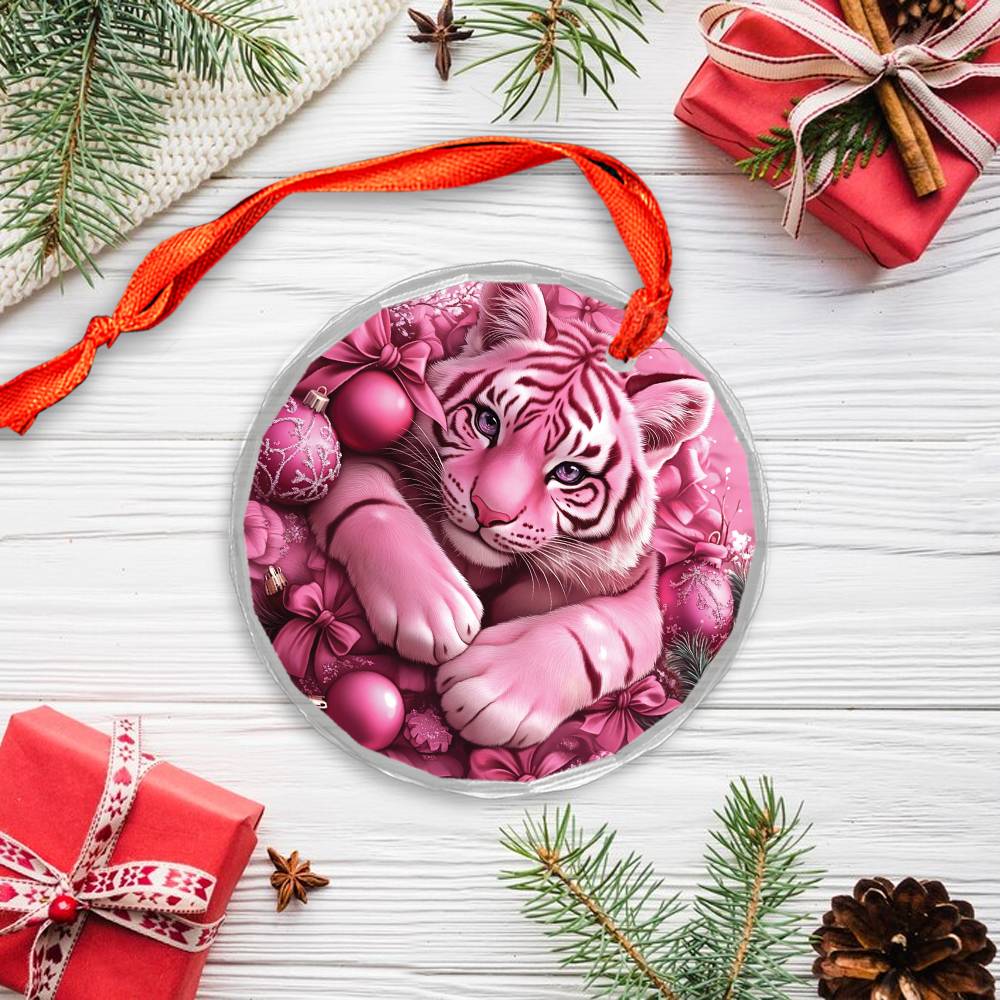 Tiger Pink Christmas Design 3 Glass Ornament