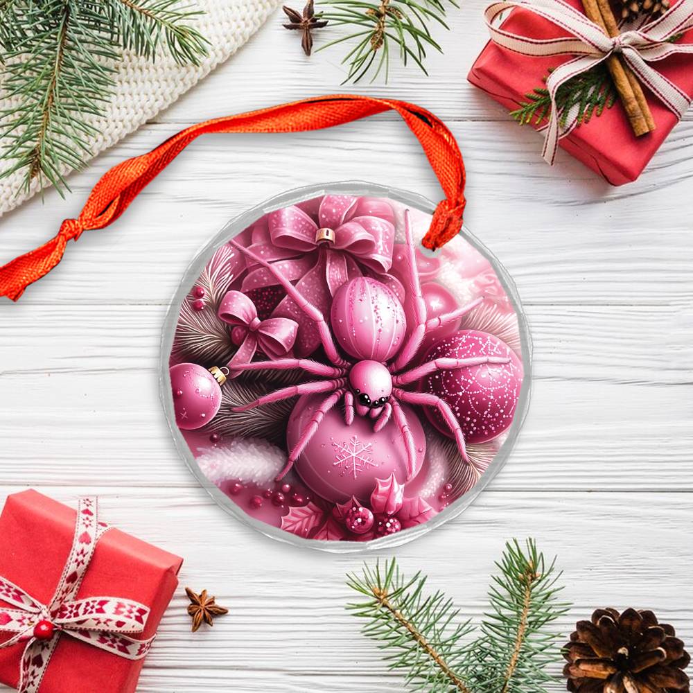 Spider Pink Christmas Design 4 Glass Ornament