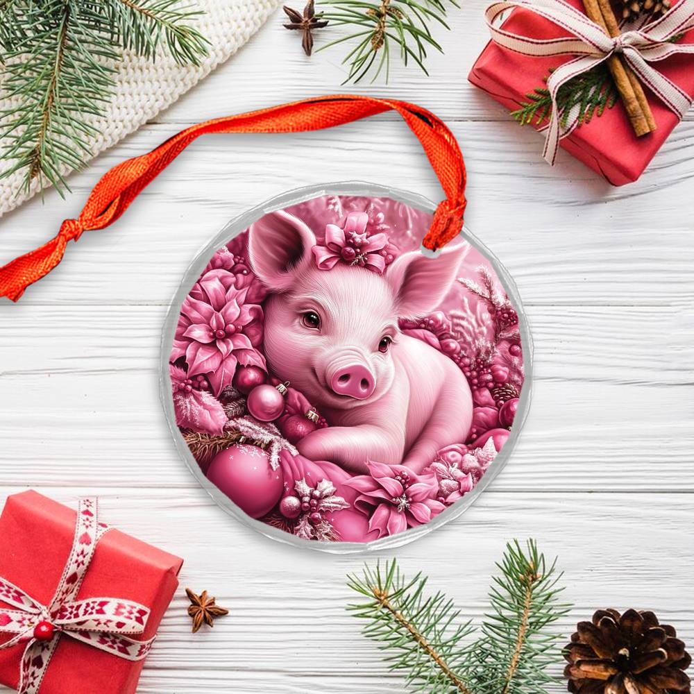 Pig Pink Christmas Design 2 Glass Ornament