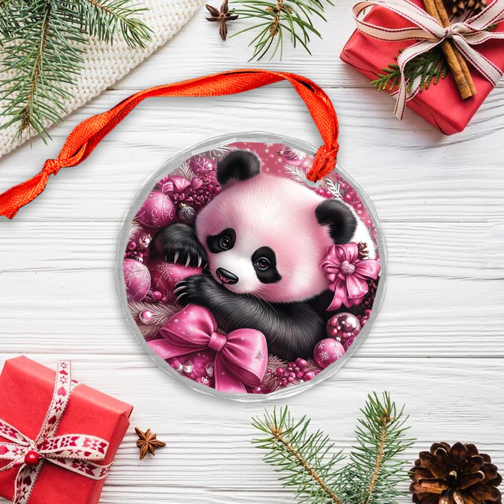 Panda Pink Christmas Design 1 Glass Ornament