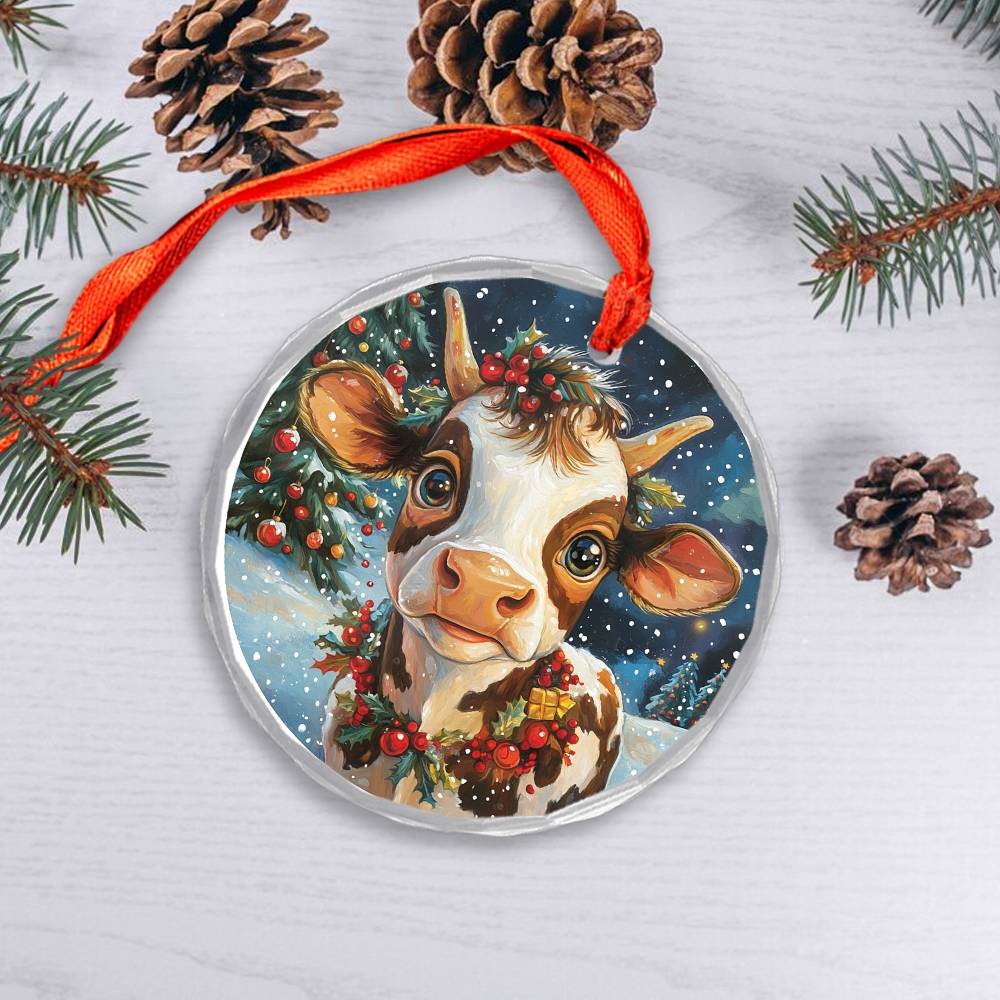 Beautiful Dairy Cow Christmas Night Design 3 Glass Ornament