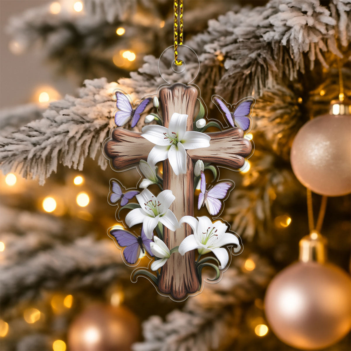 Lily & Butterfly Cross Acrylic Ornament Christmas Gift