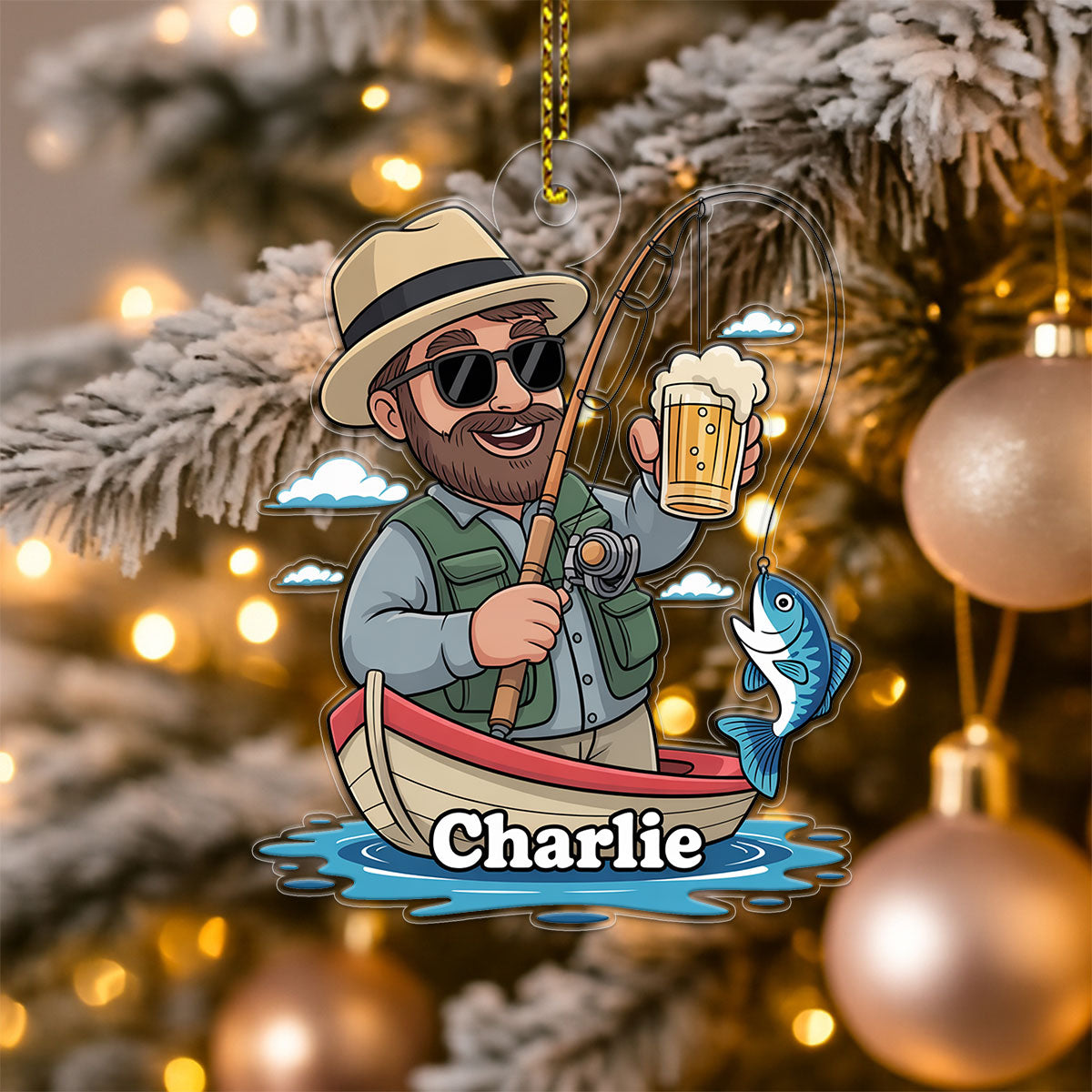 Custom Name Caricature Fisherman Acrylic Ornament Christmas Gift