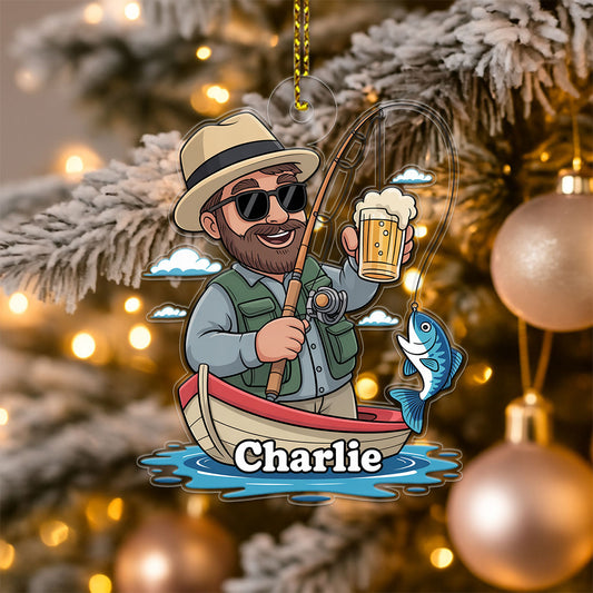 Custom Name Caricature Fisherman Acrylic Ornament Christmas Gift