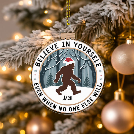 Personalized Bigfoot Believe Christmas Ornament, Custom Sasquatch Holiday Ornament, Funny Cryptid Decoration, Camper Hiking Gift Keepsake