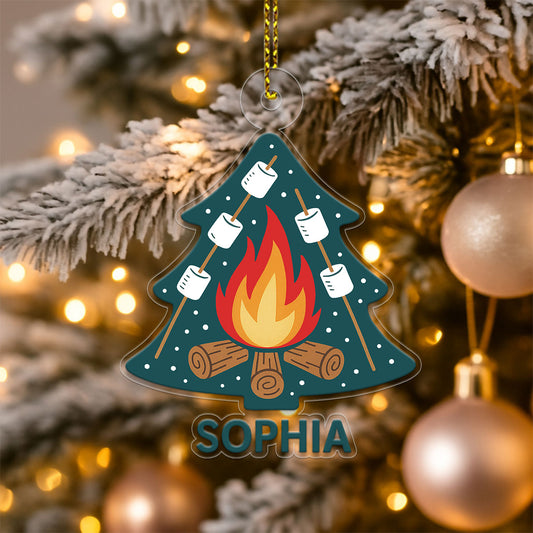 Personalized Campfire and Marshmallows with Christmas Tree Ornament, Custom Christmas Ornament, Camping Holiday Keepsake, Cozy Family Gift