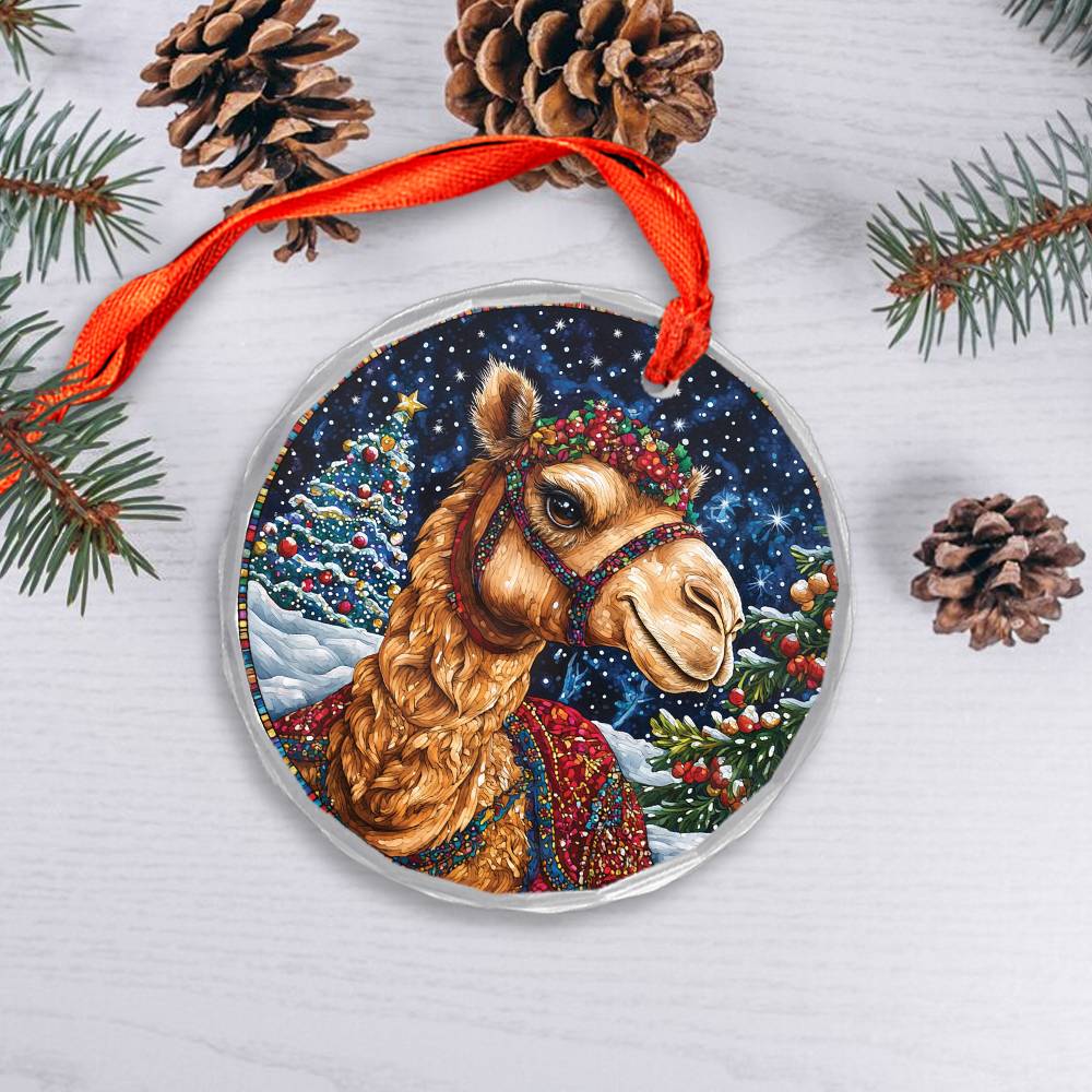 Beautiful Camel Christmas Night Design 2 Glass Ornament
