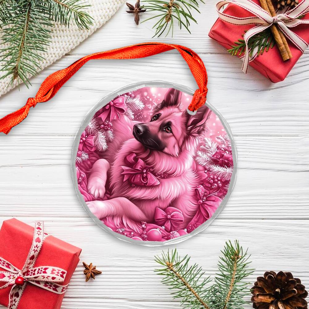 German Shepherd Dog Pink Christmas Design 2 Glass Ornament