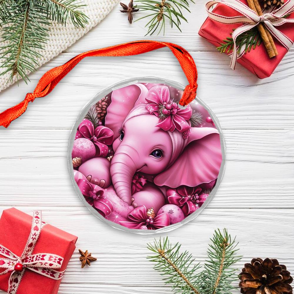 Elephant Pink Christmas Design 4 Glass Ornament