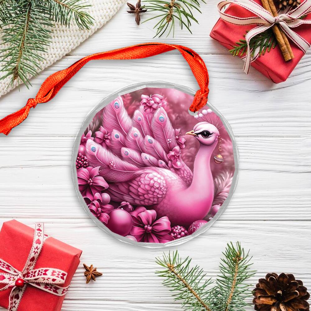 Peacock Pink Christmas Design 2 Glass Ornament
