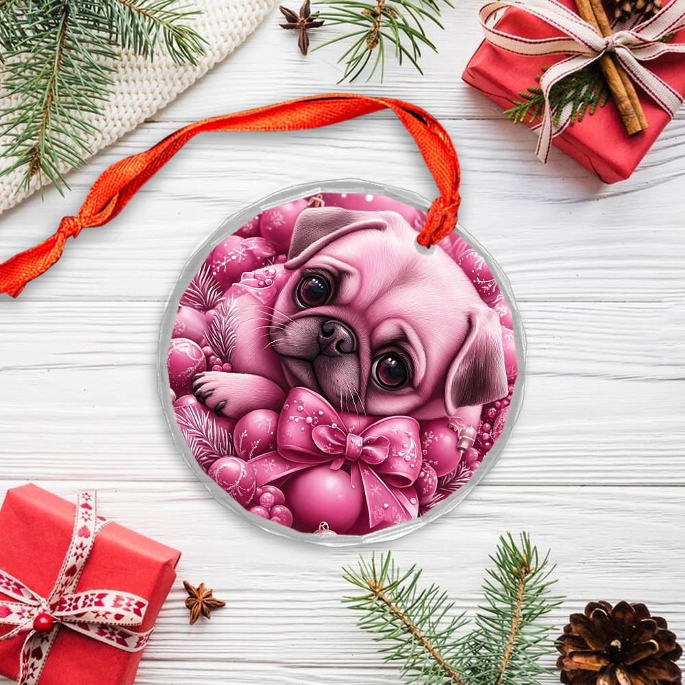 Pug Dog Pink Christmas Design 1 Glass Ornament
