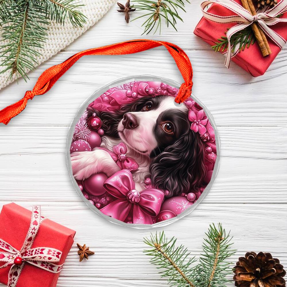English Springer Spaniel Dog Pink Christmas Design 3 Glass Ornament