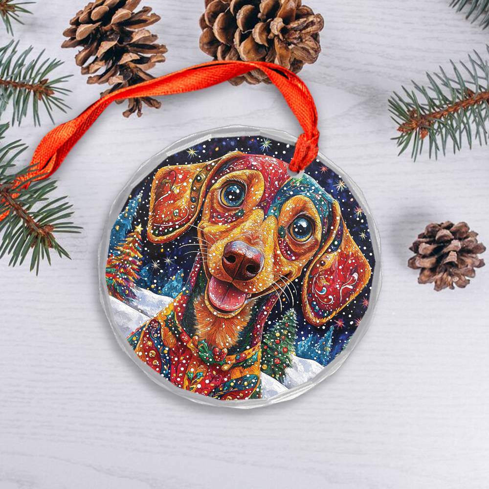 Beautiful Angus Dachshund Dog Christmas Night Design 3 Glass Ornament