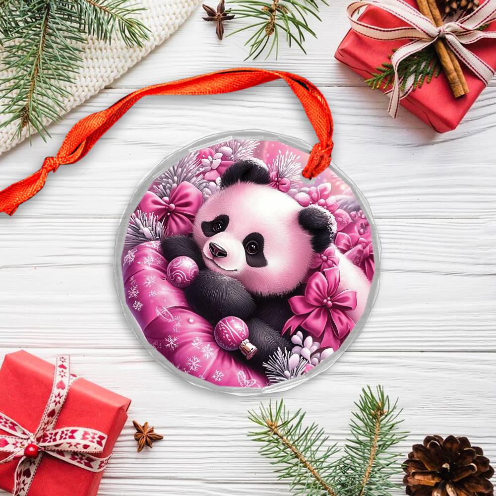 Panda Pink Christmas Design 4 Glass Ornament