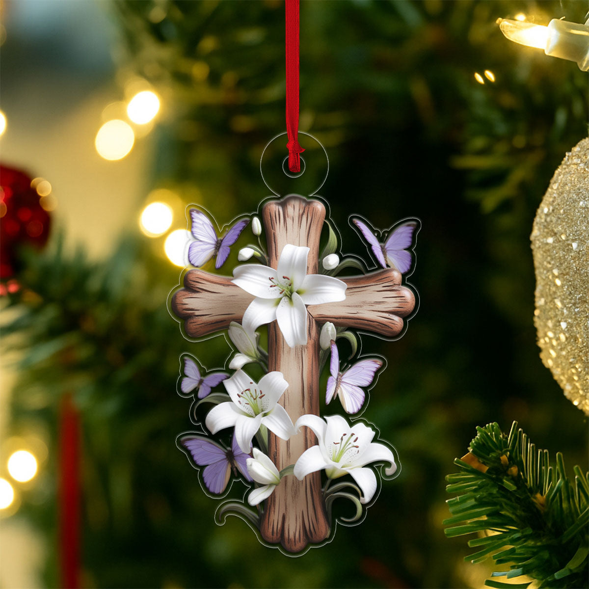 Lily & Butterfly Cross Acrylic Ornament Christmas Gift