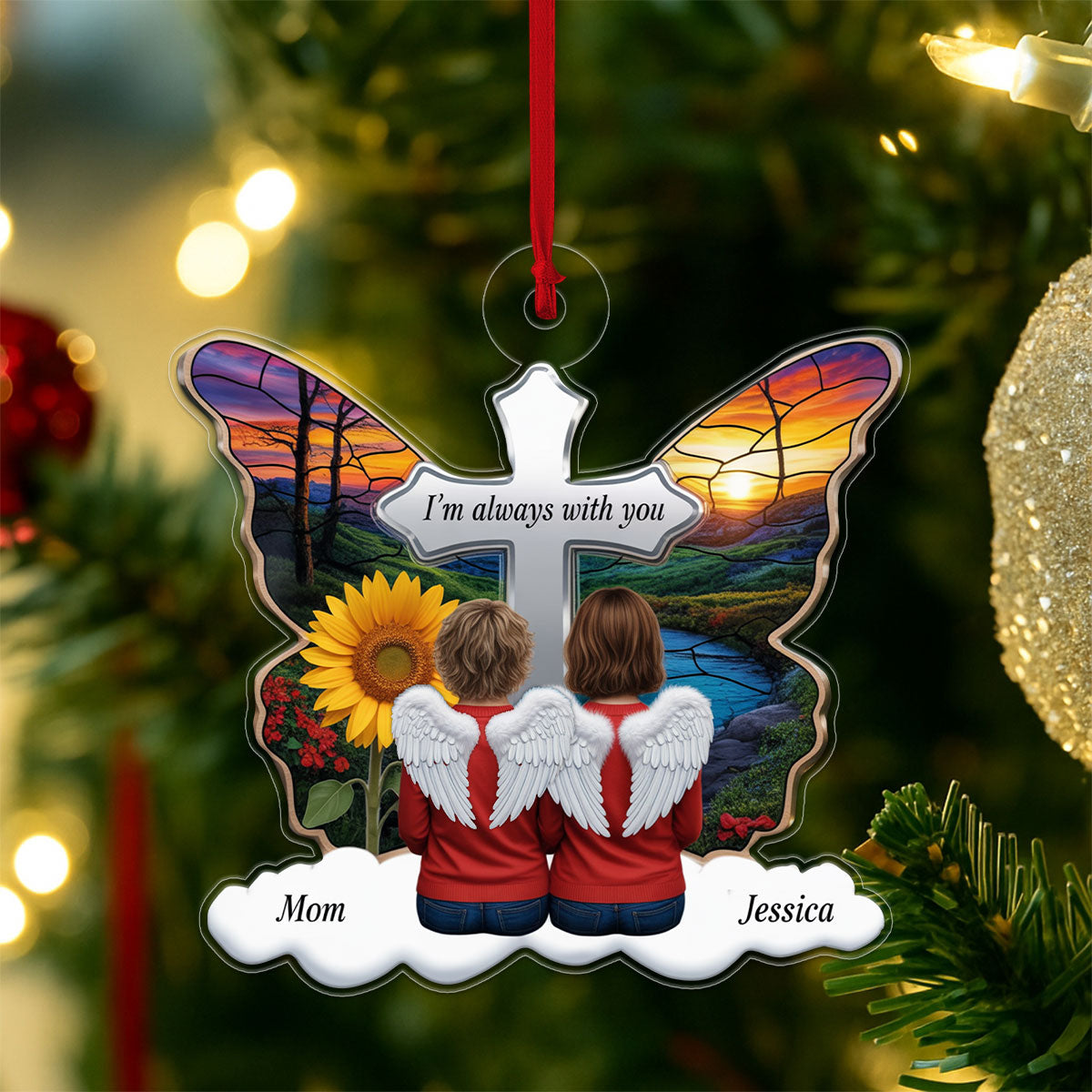 Butterfly Family Sitting Memorial Keepsake Acrylic Ornament Christmas Gift