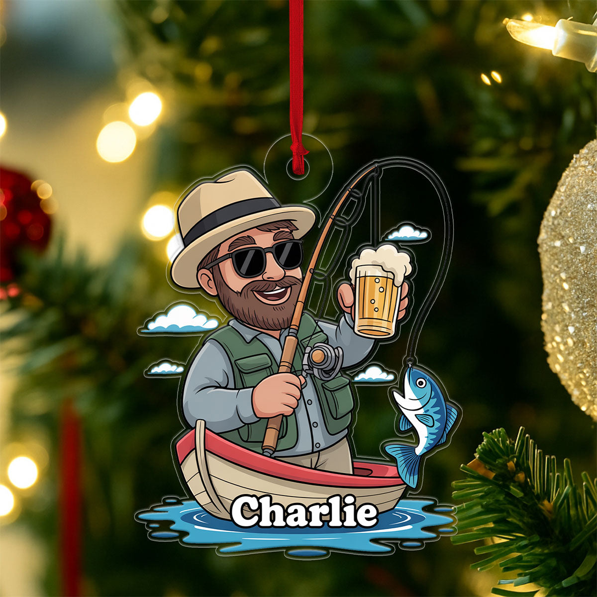 Custom Name Caricature Fisherman Acrylic Ornament Christmas Gift