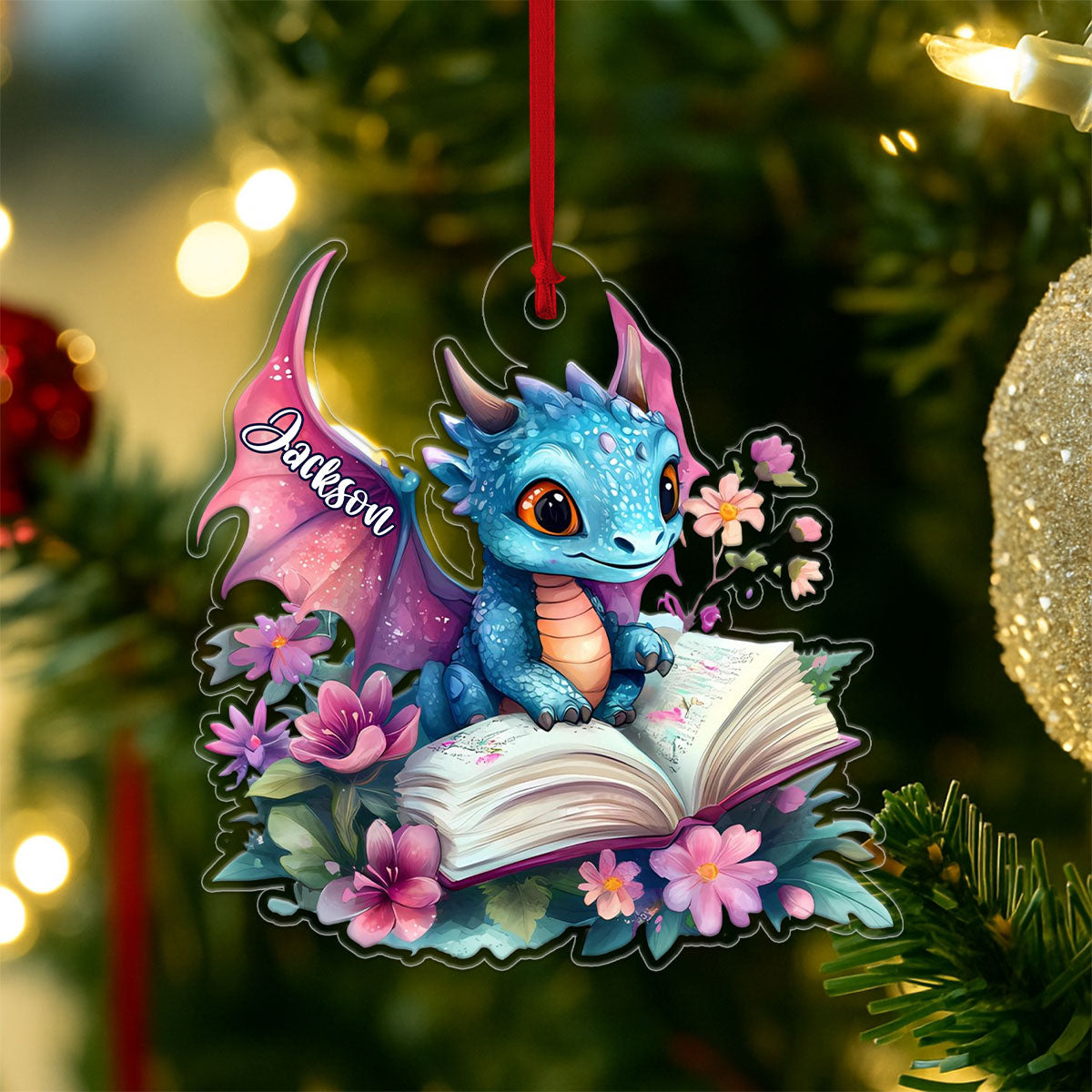 Custom Name Book Lover with Dragon Acrylic Ornament Christmas Gift