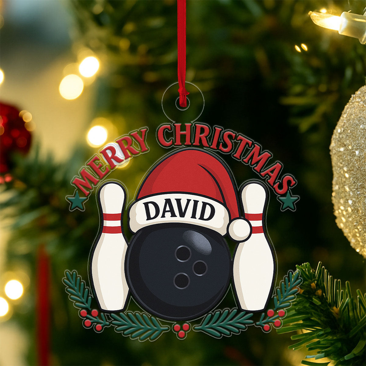 Custom Name Bowling Ball Santa Acrylic Ornament Christmas Gift