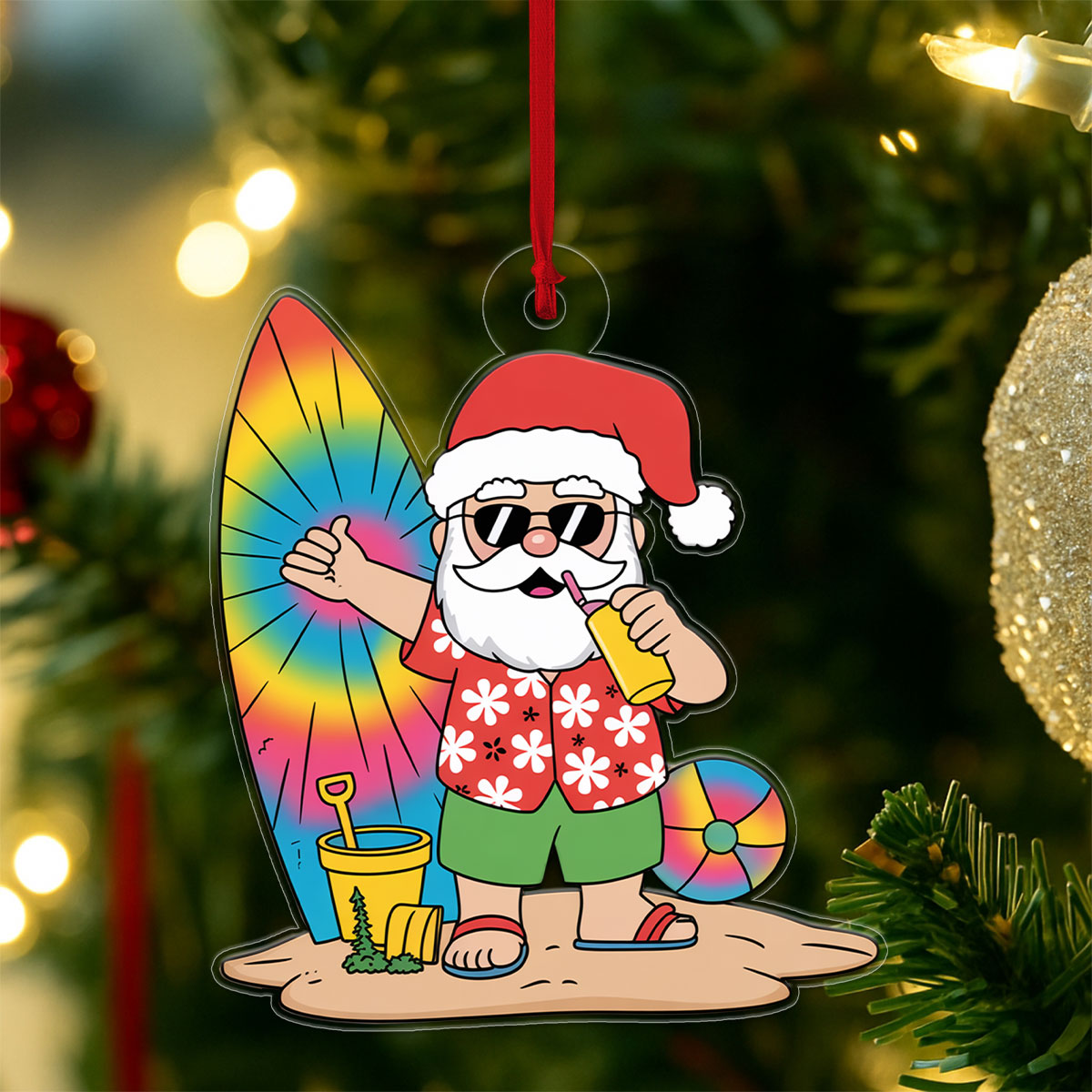 Santa Claus Cartoon Christmas On The Beach Acrylic Ornament Christmas Gift