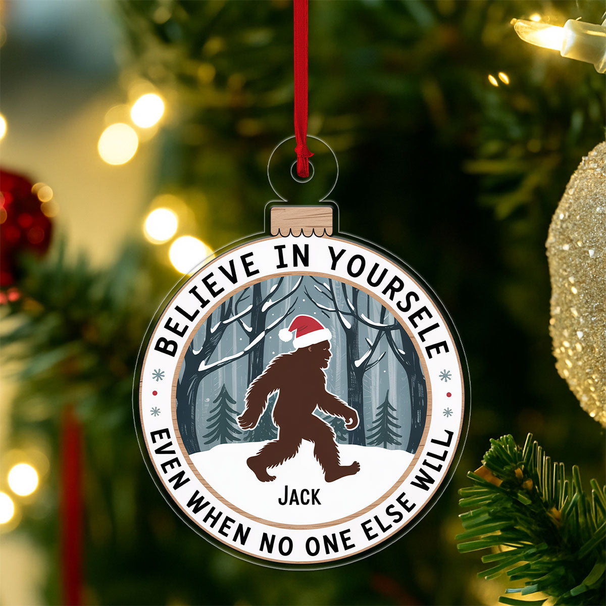 Personalized Bigfoot Believe Christmas Ornament, Custom Sasquatch Holiday Ornament, Funny Cryptid Decoration, Camper Hiking Gift Keepsake