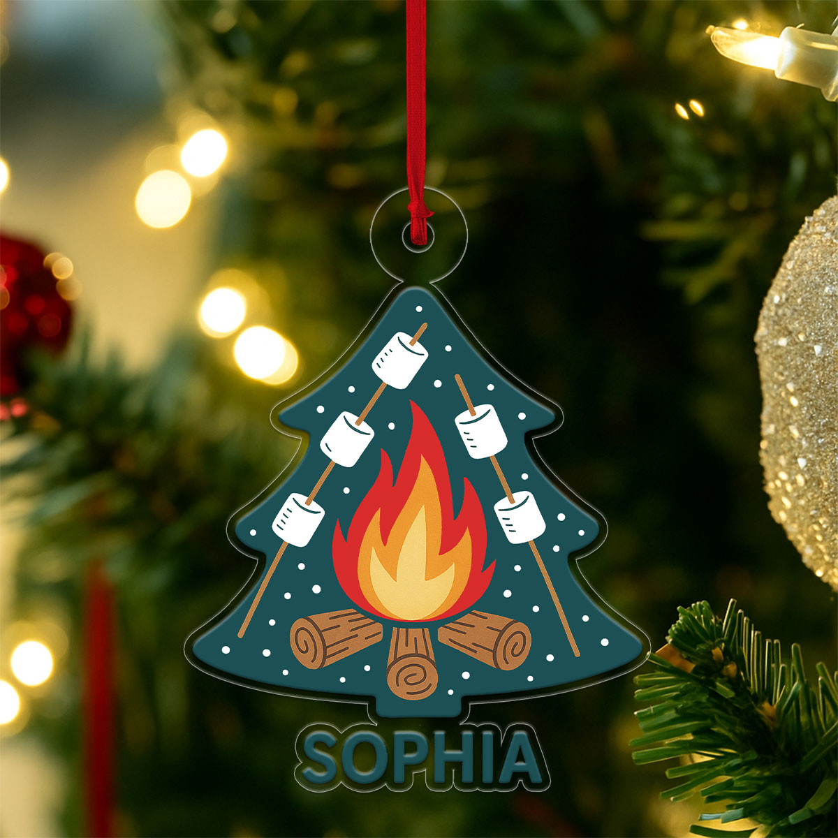 Personalized Campfire and Marshmallows with Christmas Tree Ornament, Custom Christmas Ornament, Camping Holiday Keepsake, Cozy Family Gift