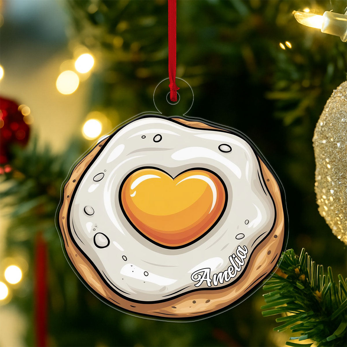 Personalized Heart Fried Egg Ornament, Custom Funny Christmas Ornament, Breakfast Lover Gift, Cooking Holiday Decoration, Unique Foodie Keepsake