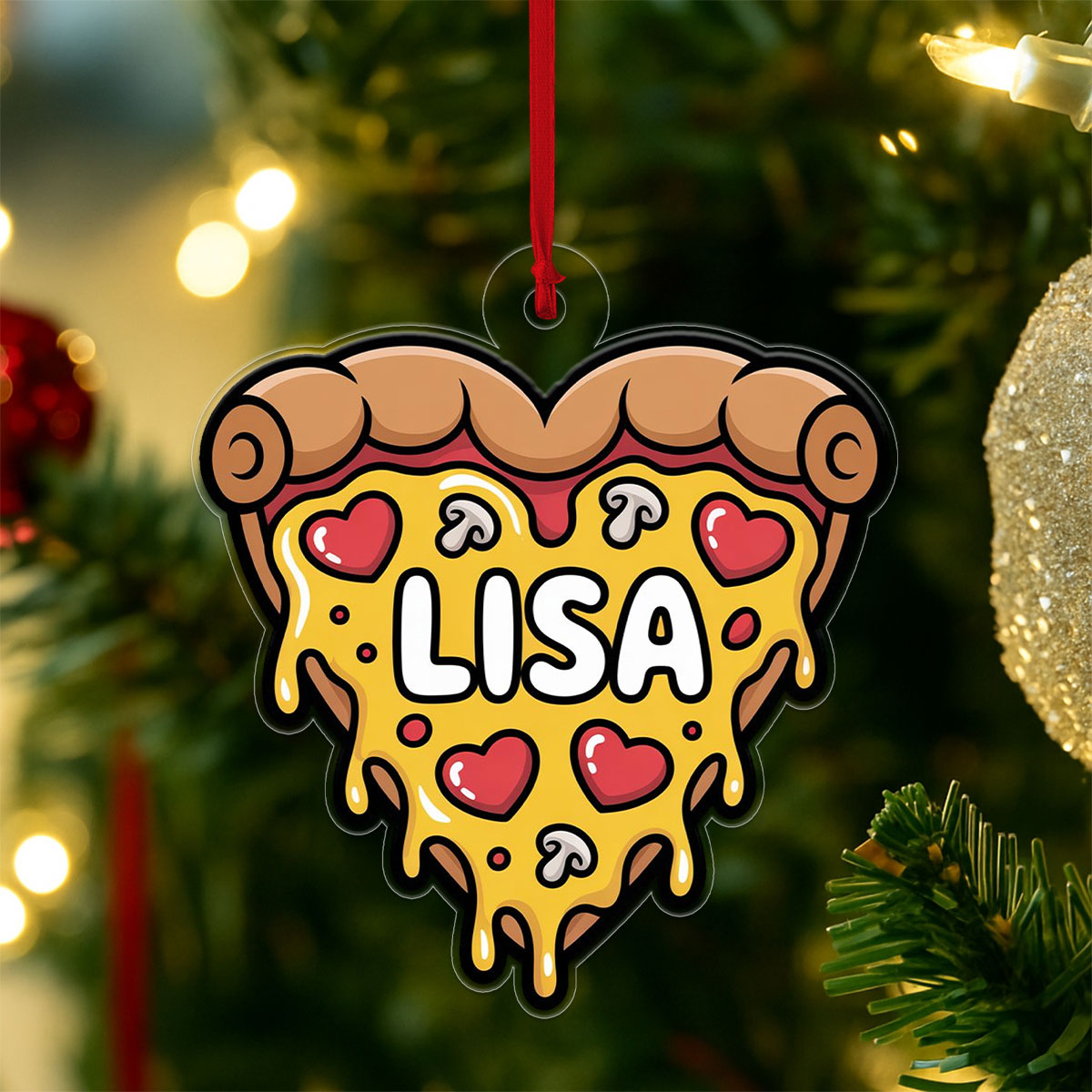 Personalized Heart Pizza Ornament, Custom Pizza Lover Christmas Ornament, Funny Foodie Gift, Holiday Keepsake, Cute Pizza Decoration
