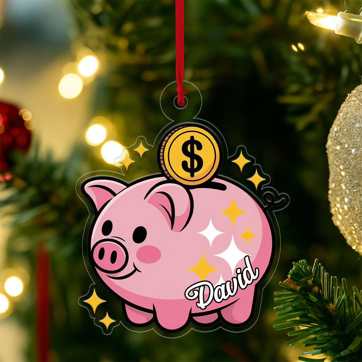 Personalized Piggy Bank Ornament, Custom Christmas Ornament for Kids, Cute Money Saving Holiday Gift, Family Keepsake Decoration