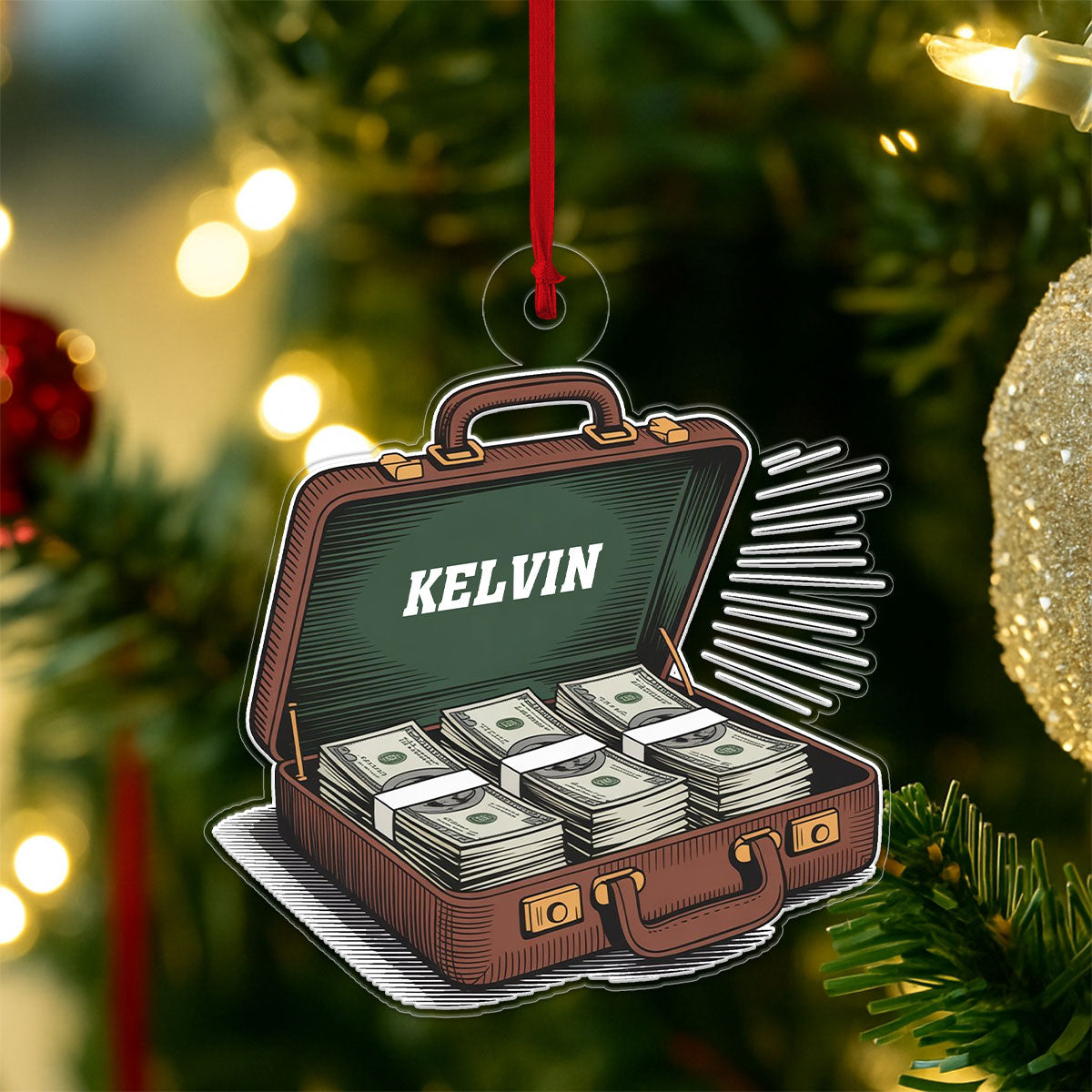 Personalized Suitcase with Cash Dollars Ornament, Custom Funny Christmas Ornament, Money Lover Holiday Gift, Unique Xmas Keepsake