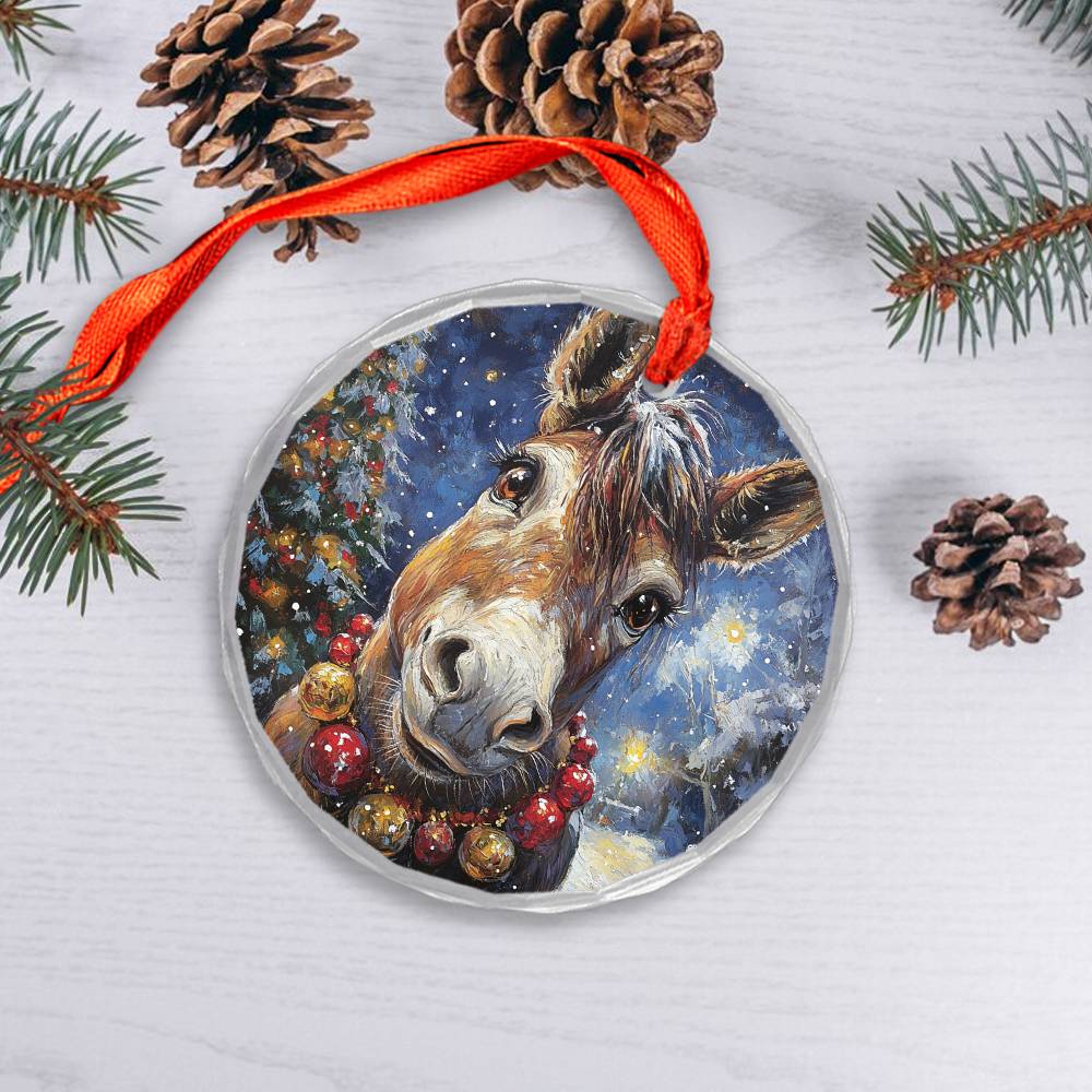 Beautiful Angus Mule Christmas Night Design 1 Glass Ornament