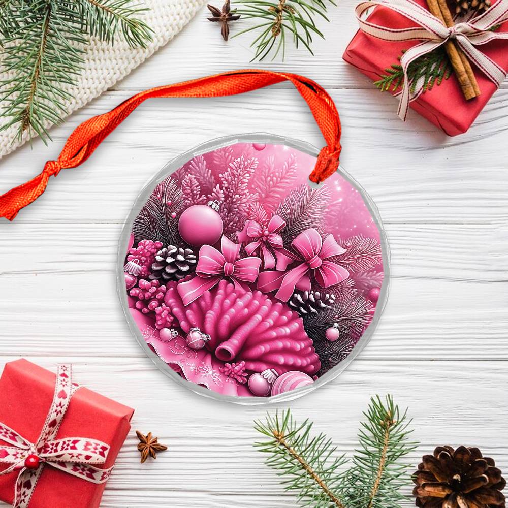 Coral Pink Christmas Design 1 Glass Ornament