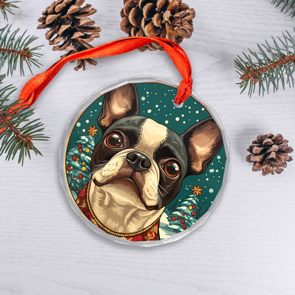 Beautiful Boston Terrier Dog Christmas Night Design 4 Glass Ornament
