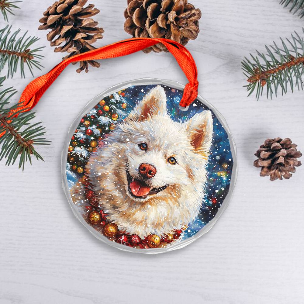 Beautiful Samoyed Dog Christmas Night Design 4 Glass Ornament
