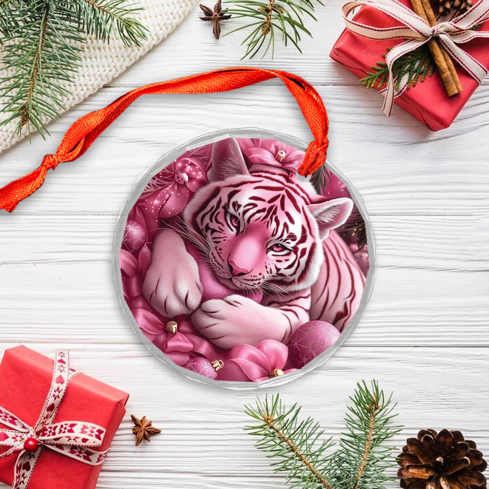 Tiger Pink Christmas Design 2 Glass Ornament