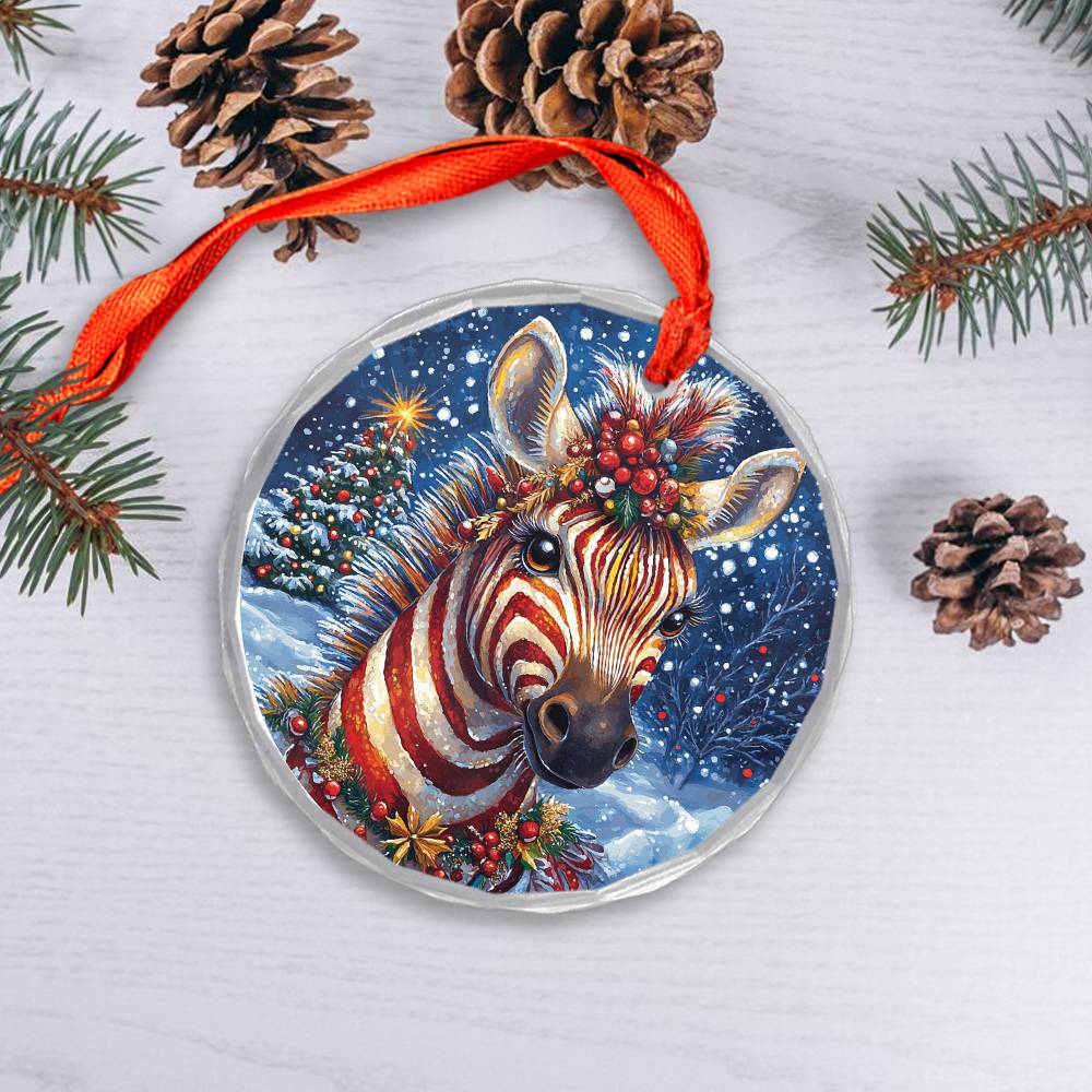 Beautiful Zebra Christmas Night Design 3 Glass Ornament