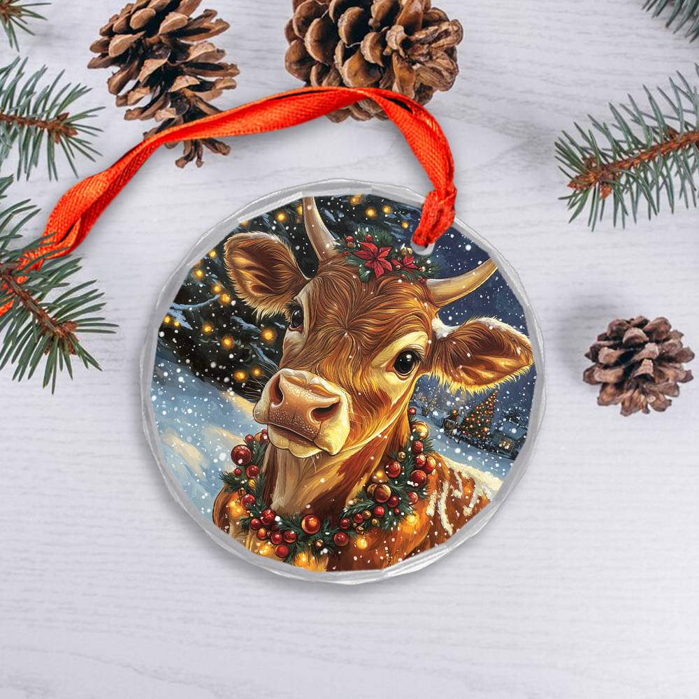 Beautiful Jersey Cow Christmas Night Design 4 Glass Ornament