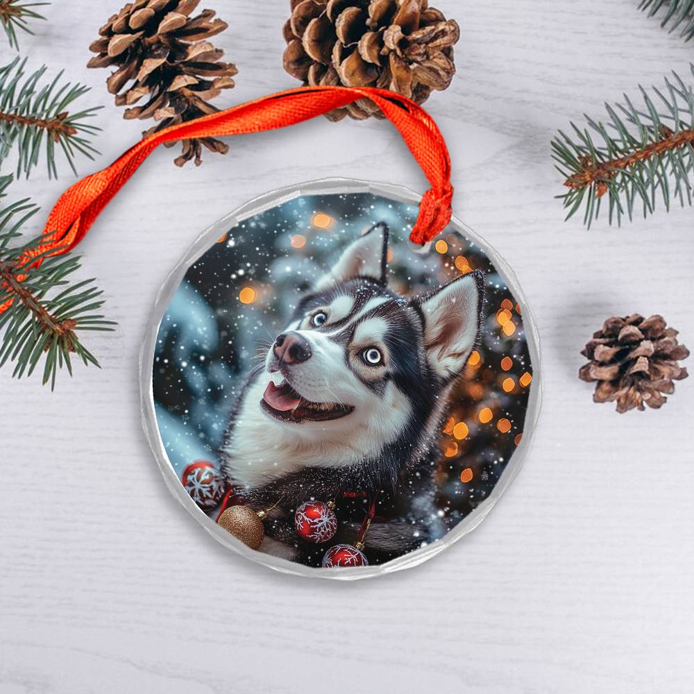 Beautiful Angus Huskie Dog Christmas Night Design 2 Glass Ornament