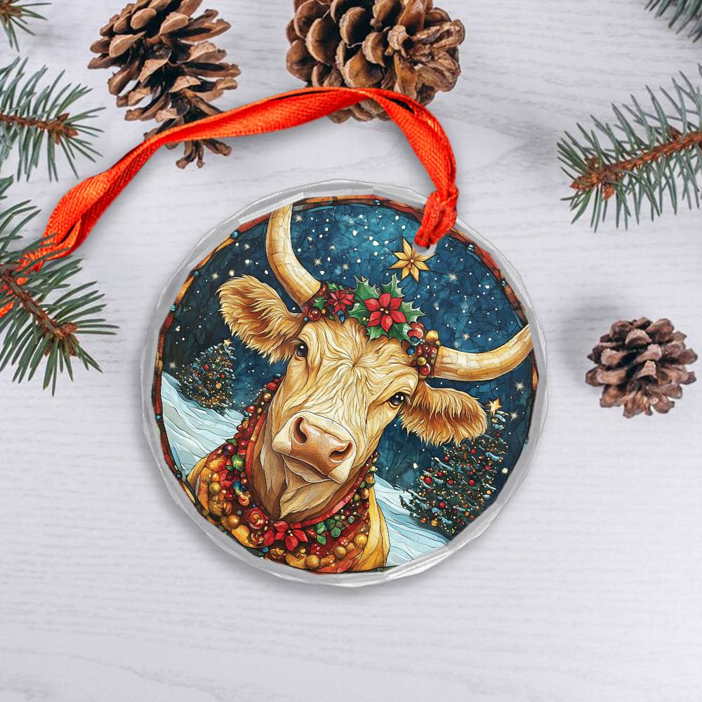 Beautiful Longhorn Cow Christmas Night Design 3 Glass Ornament