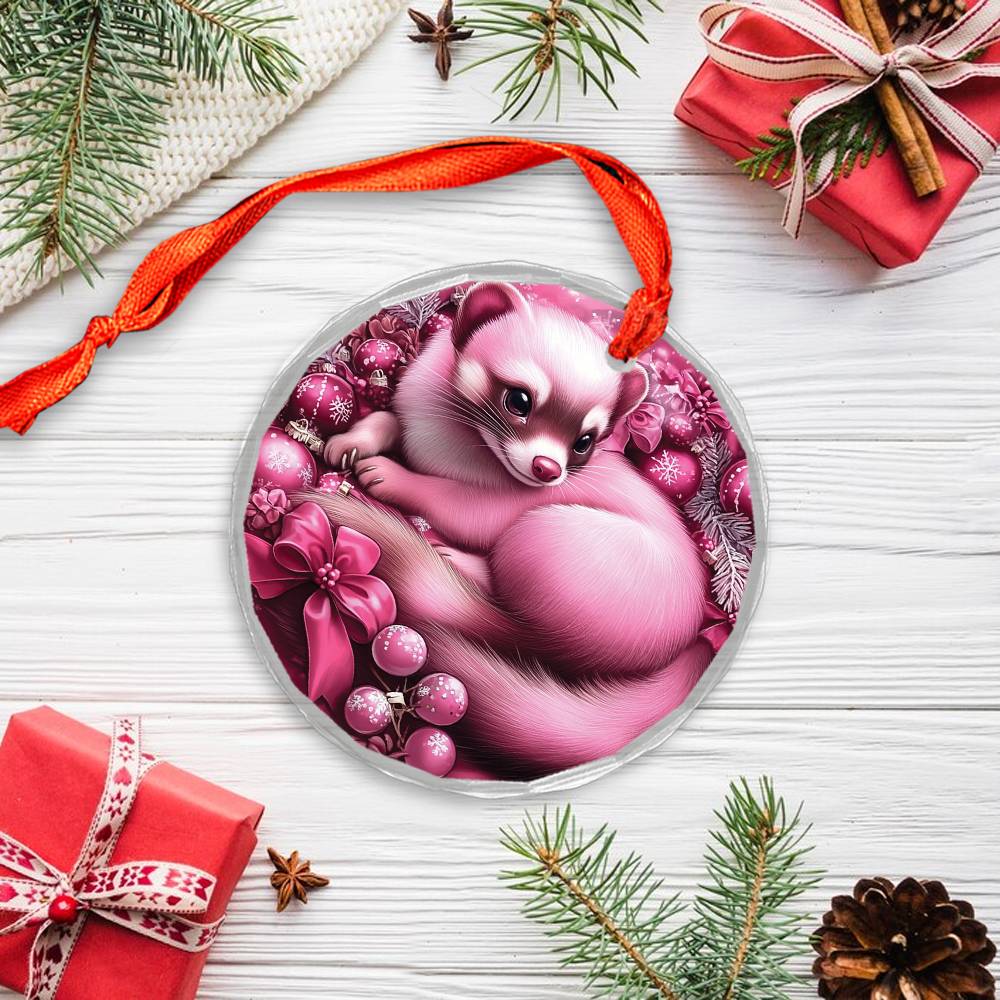 Ferret Pink Christmas Design 3 Glass Ornament