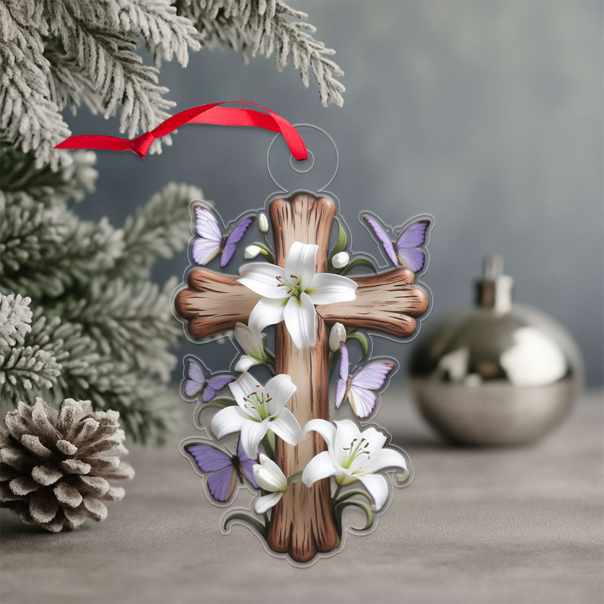 Lily & Butterfly Cross Acrylic Ornament Christmas Gift