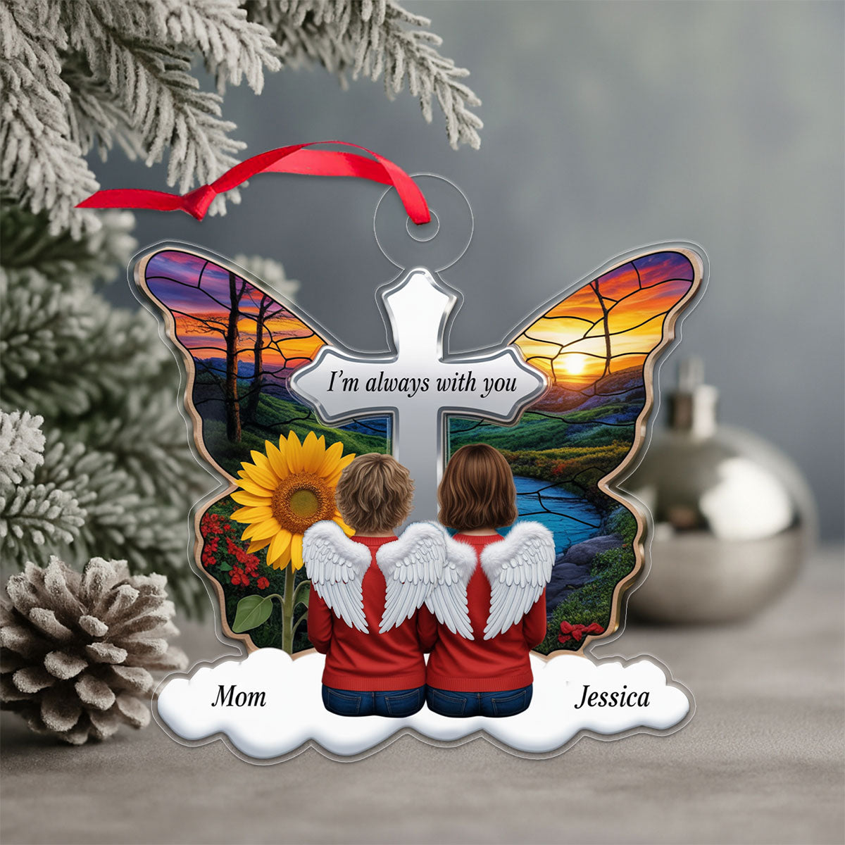 Butterfly Family Sitting Memorial Keepsake Acrylic Ornament Christmas Gift