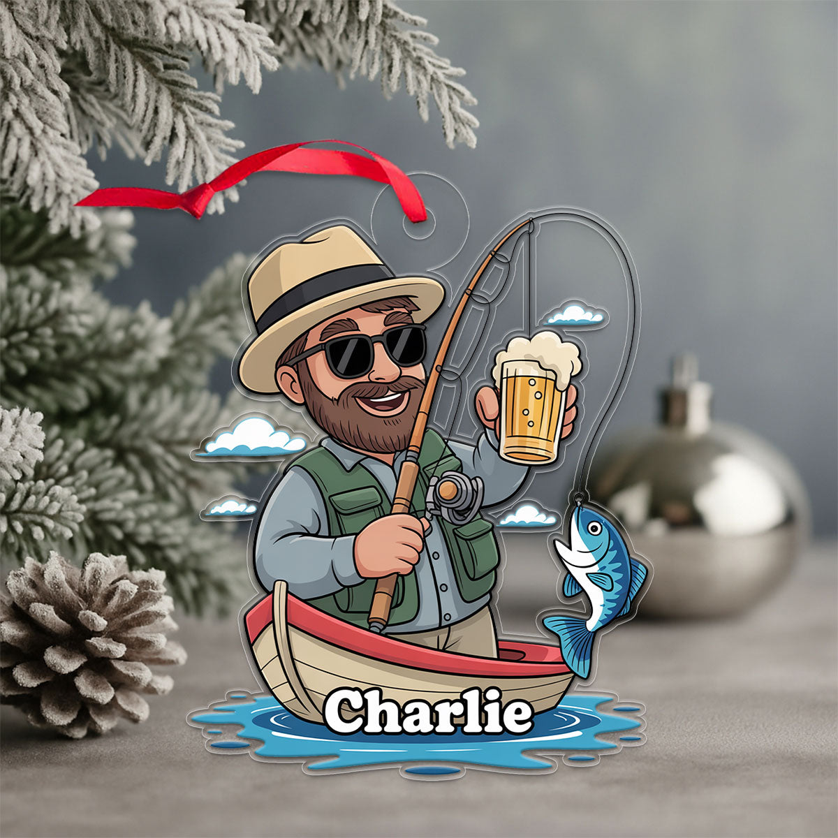 Custom Name Caricature Fisherman Acrylic Ornament Christmas Gift