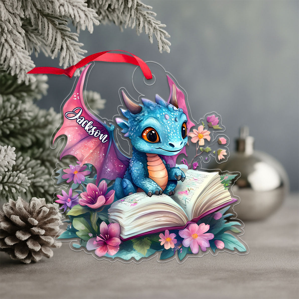 Custom Name Book Lover with Dragon Acrylic Ornament Christmas Gift