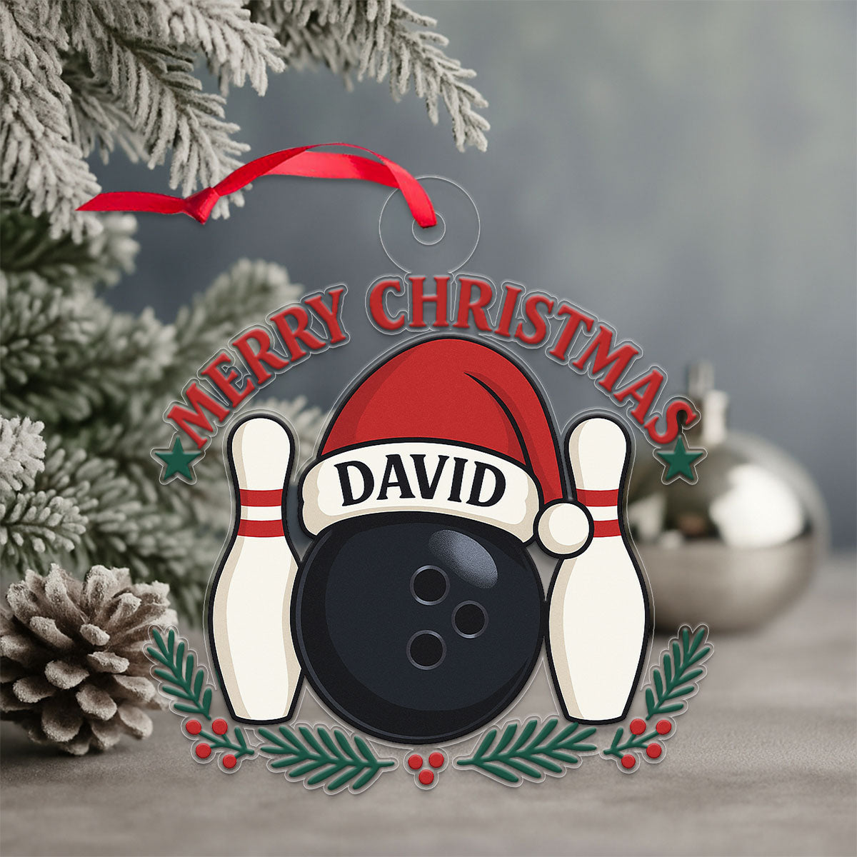 Custom Name Bowling Ball Santa Acrylic Ornament Christmas Gift