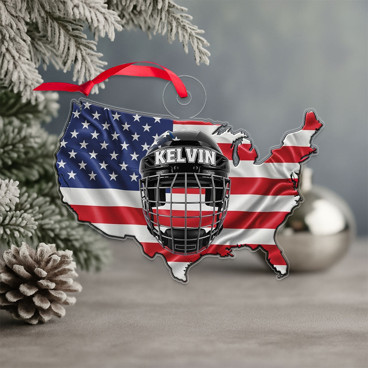 Custom Name Hockey Helmet USA Acrylic Ornament Christmas Gift