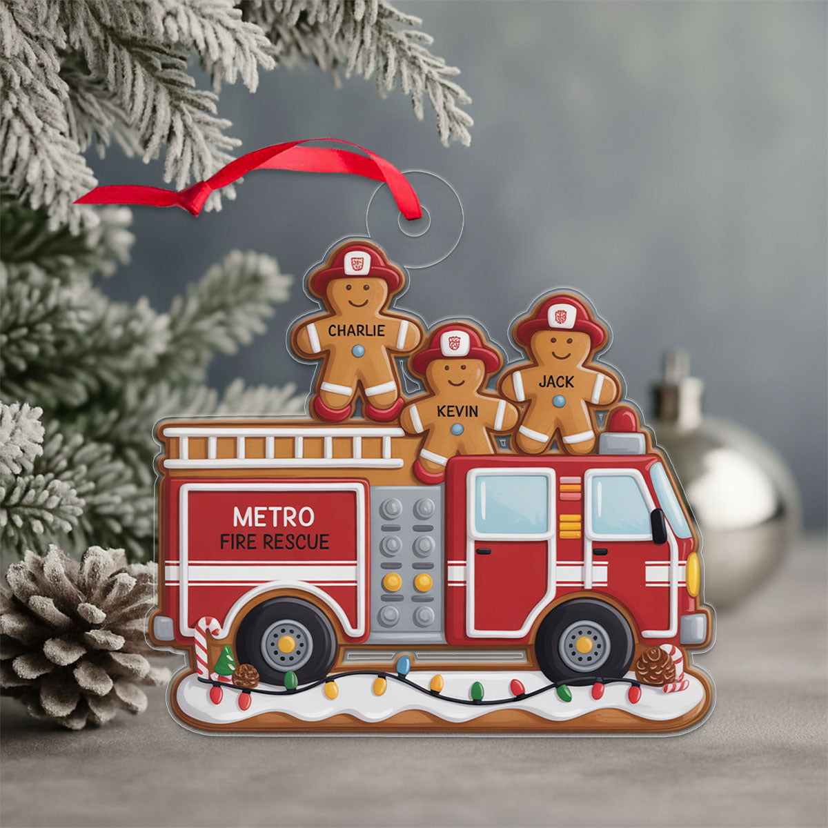 Custom Name Heroes With Festive Firefighter Acrylic Ornament Christmas Gift