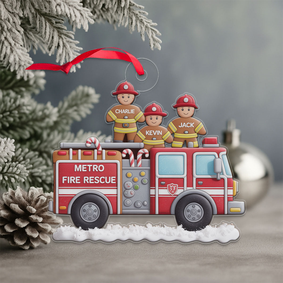 Custom Name Heroes With Festive - Firefighter Acrylic Ornament Christmas Gift
